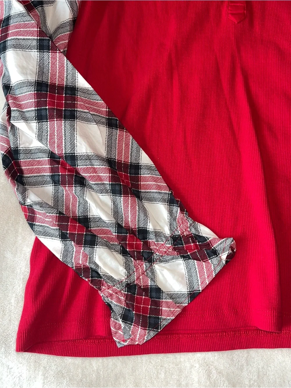 LOFT Red Henley Top with Plaid Puff Sleeves Mixed Media V Neck Buttons Sz XL